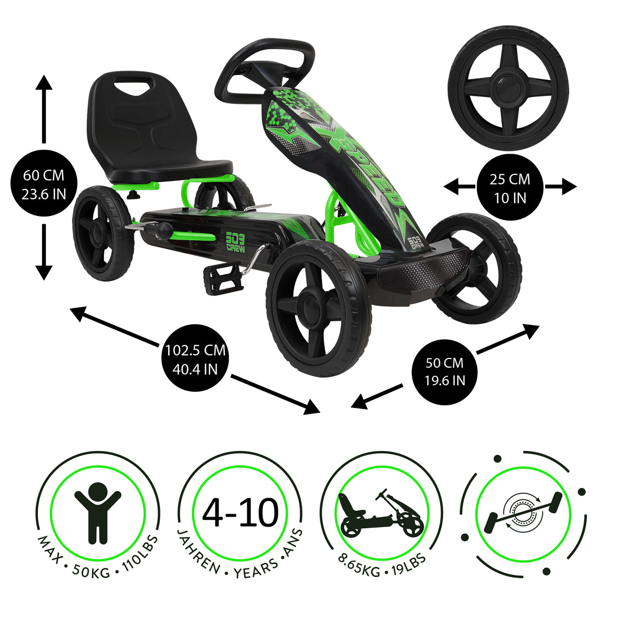 Green and black pedal go-kart with size chart showing dimensions, steering wheel, seat height, and specifications for ages 4-10 and 50kg max weight