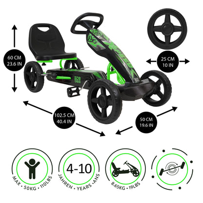 Green and black pedal go-kart with size chart showing dimensions, steering wheel, seat height, and specifications for ages 4-10 and 50kg max weight