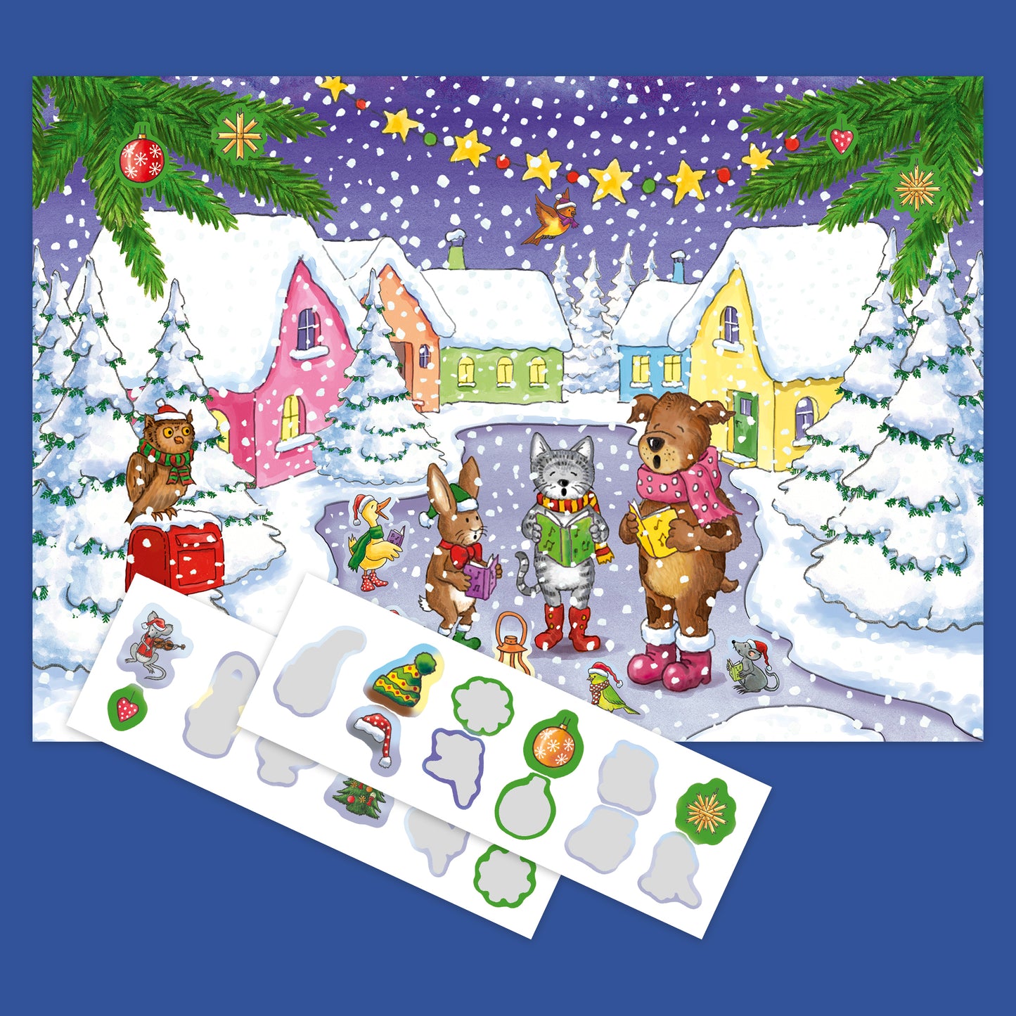 Sticker Book Advent Calendar with 24 doors, colorful winter village scene, reusable stickers included
