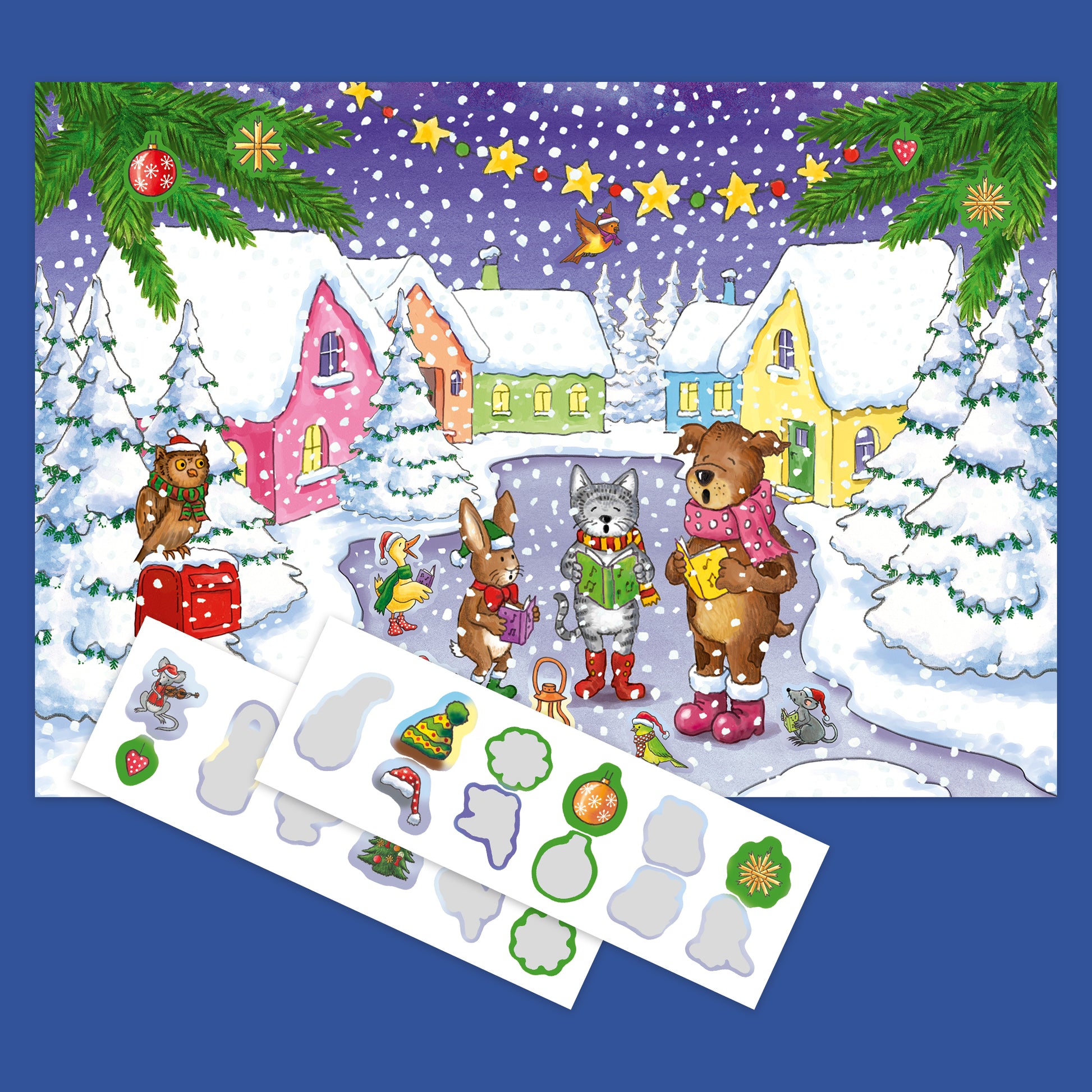 Sticker Book Advent Calendar with 24 doors, colorful winter village scene, reusable stickers included