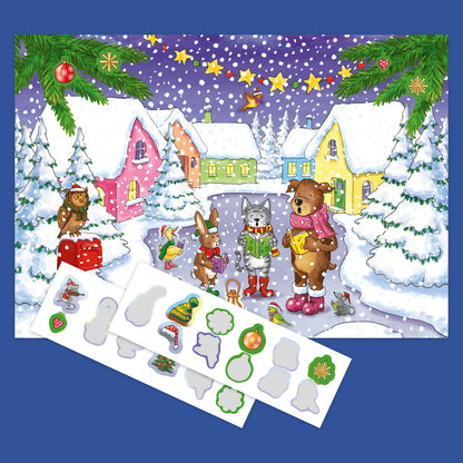 Sticker Book Advent Calendar with 24 doors, colorful winter village scene, reusable stickers included