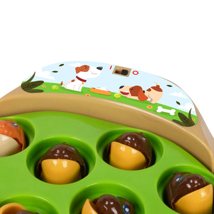 The Fishing Game: Dog Edition toy with green base, brown acorns, and illustrated dog characters