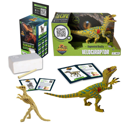 Dino Explorers AR Dinosaur set with yellow velociraptor figure, paleontology kit box, dinosaur skeleton model, information cards with QR codes, and excavation t