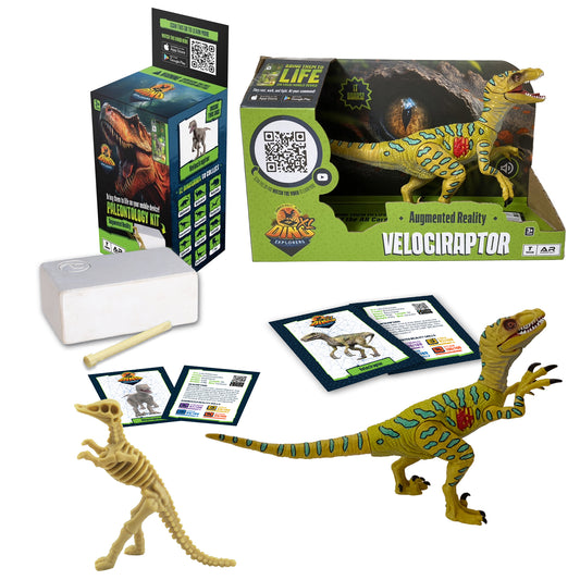 Dino Explorers AR Dinosaur set with yellow velociraptor figure, paleontology kit box, dinosaur skeleton model, information cards with QR codes, and excavation t