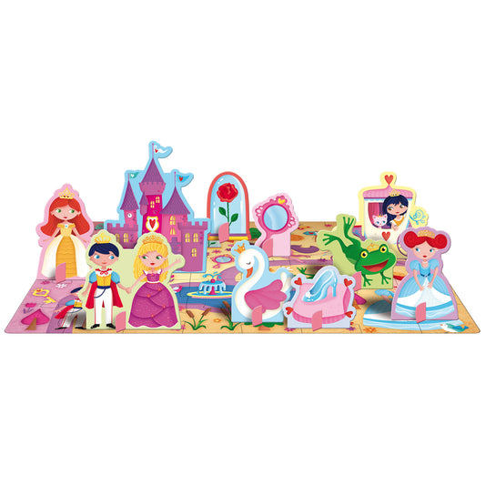 3D pop-up puzzle scene with colorful princess-themed pieces including castle, royal figures, swan carriage, and fairytale characters on a base board