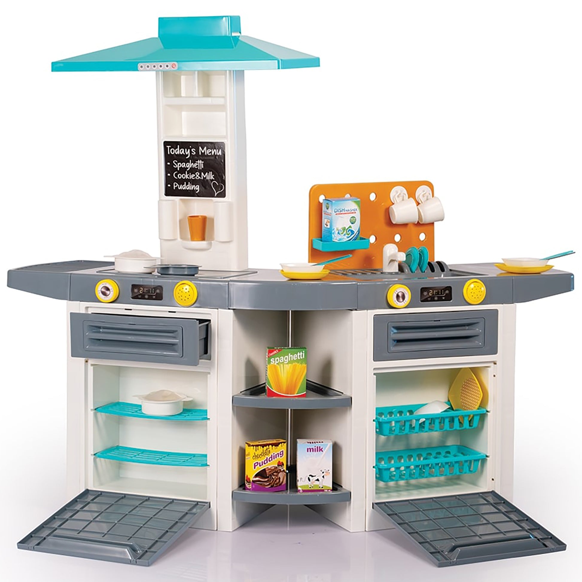 Turquoise and gray play kitchen with dual ovens, stovetop with hood vent, menu board, storage cabinets with turquoise baskets, and included play food and access