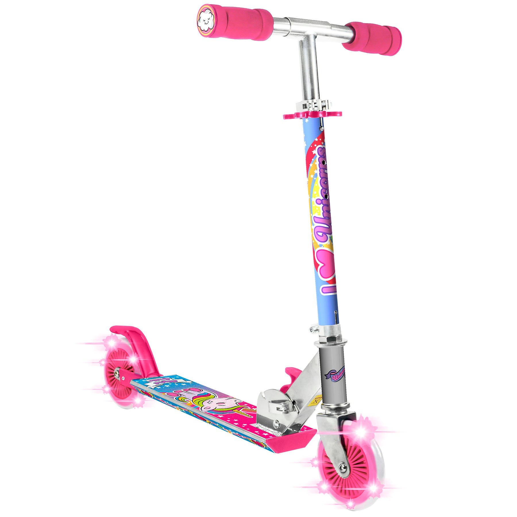 Pink and blue children's scooter with light-up wheels, decorated with unicorn graphics and character designs, featuring pink handlebar grips and a flashing whee