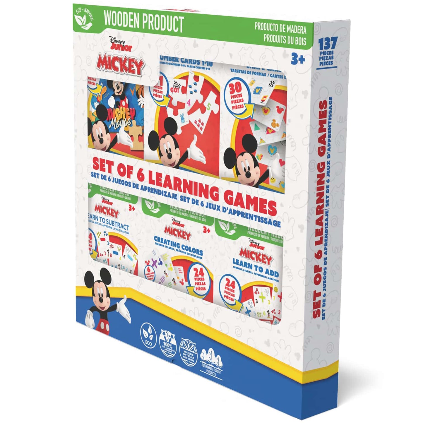 Disney Mickey Set of 6 Learning Games wooden product box with 137 pieces for ages 3+