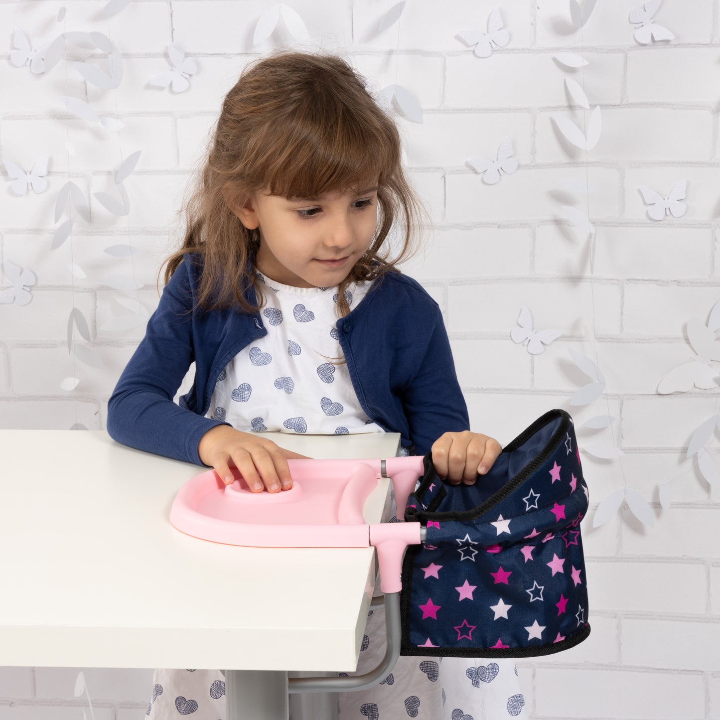 Bayer Design Doll Table Seat with navy star pattern and pink tray