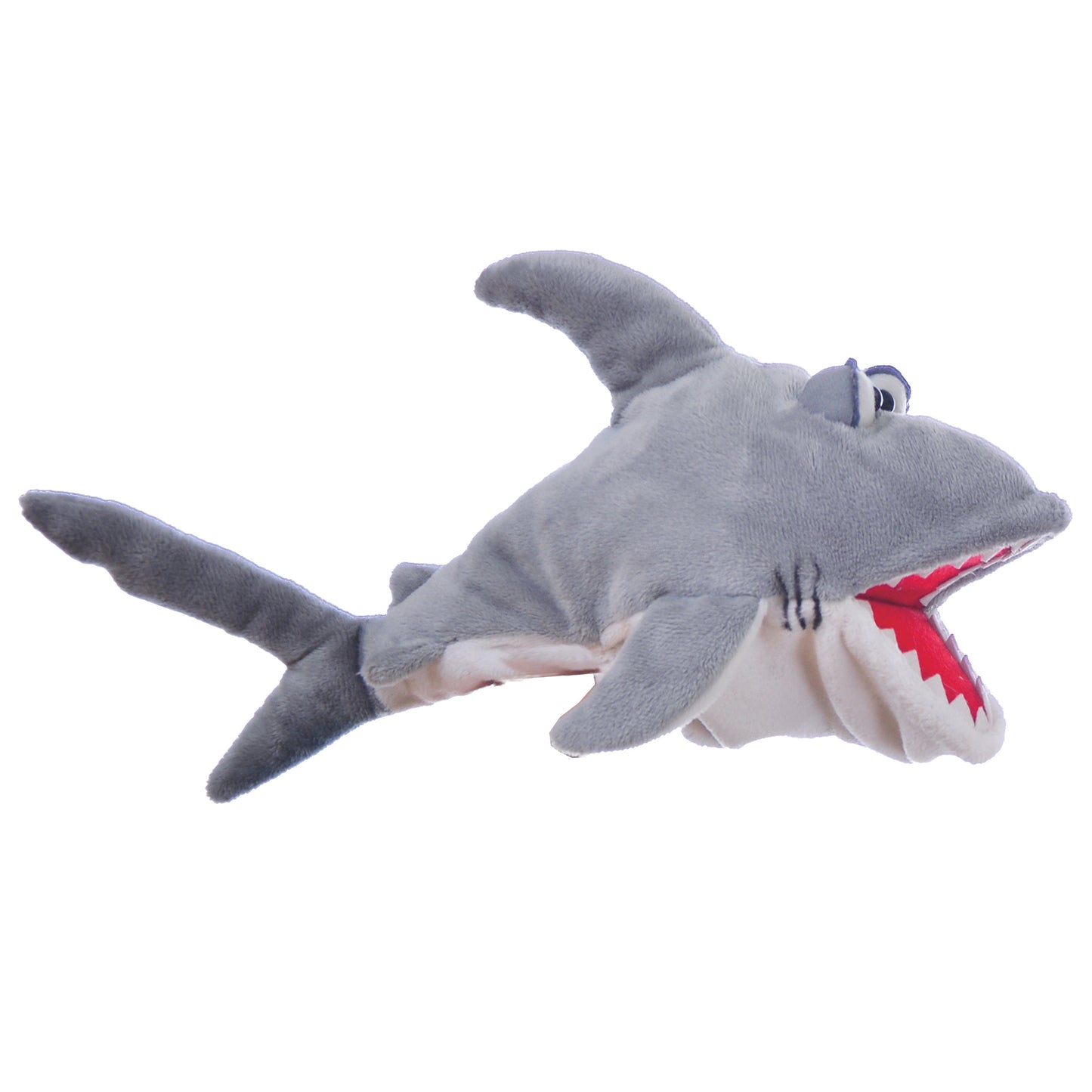 Gray plush shark hand puppet with white belly, red gill details, and long fins extended horizontally