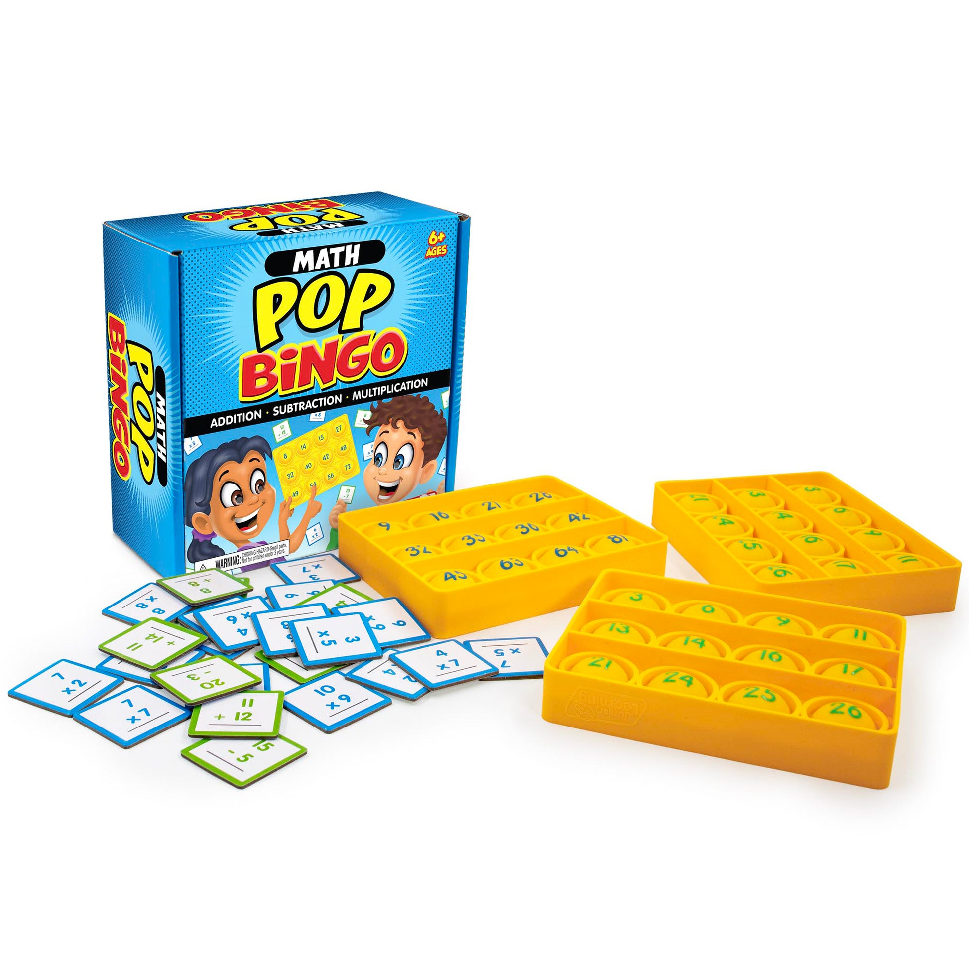 Math Pop Bingo game with blue box, yellow bingo cards, and colorful number tiles for addition, subtraction, and multi...