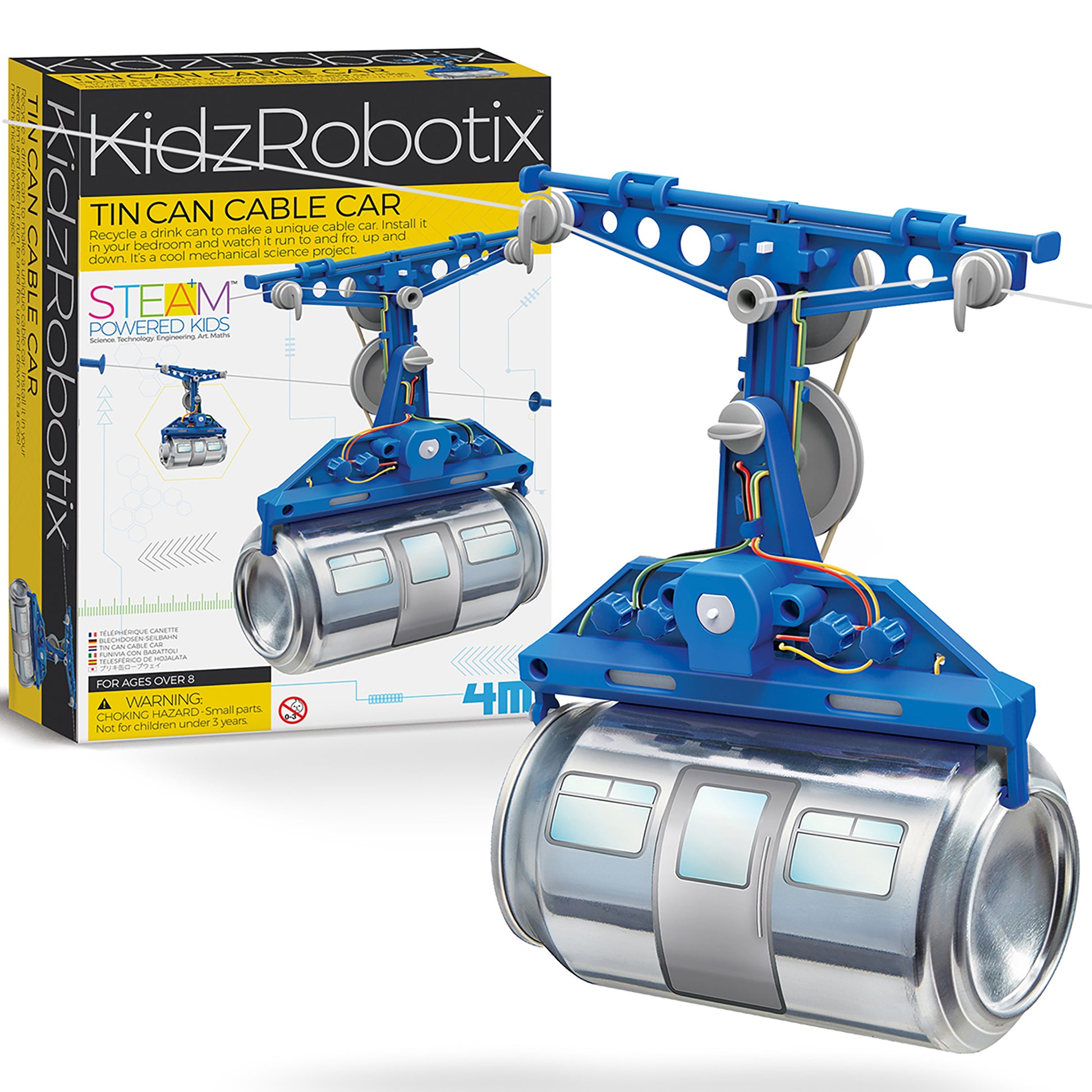 KidzRobotix Tin Can Cable Car STEM toy with blue mechanics and silver tin can