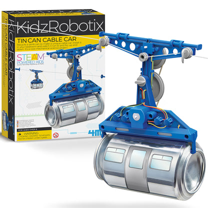KidzRobotix Tin Can Cable Car STEM toy with blue mechanics and silver tin can