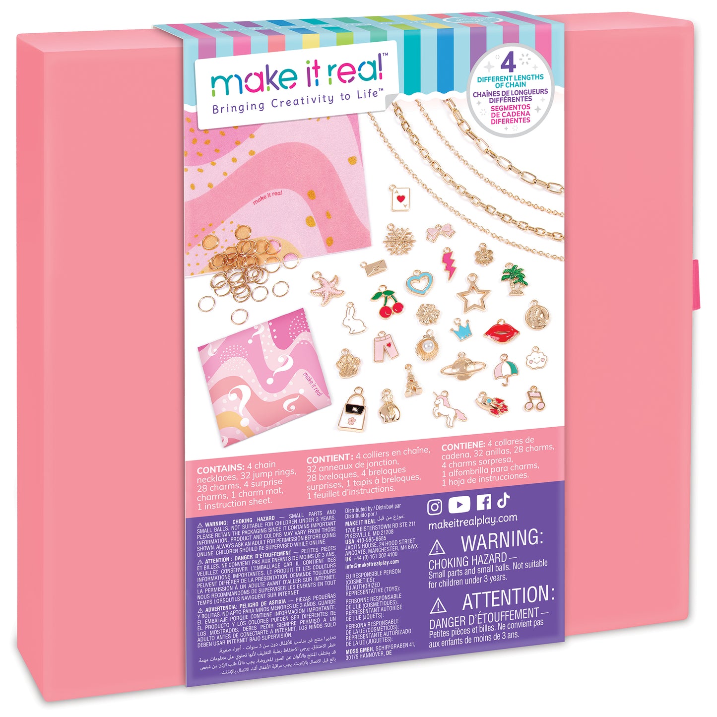Make It Real charm jewelry kit in pink box with four chain necklaces, 32 metal charms including stars, hearts, and themed pendants, jump rings, and instruction