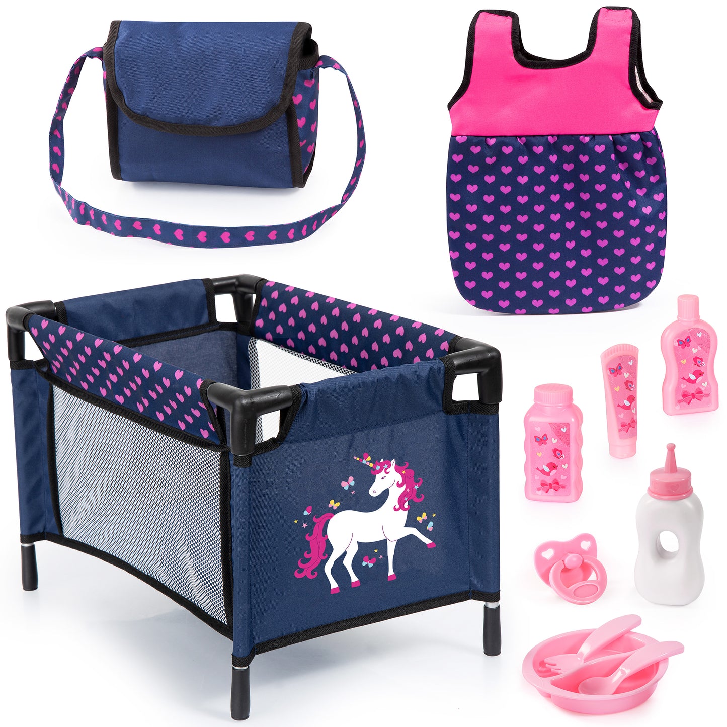 Navy and pink unicorn-themed doll travel set including play yard with unicorn graphic, shoulder bag, doll carrier, and accessories like bottles, dishes, and ute