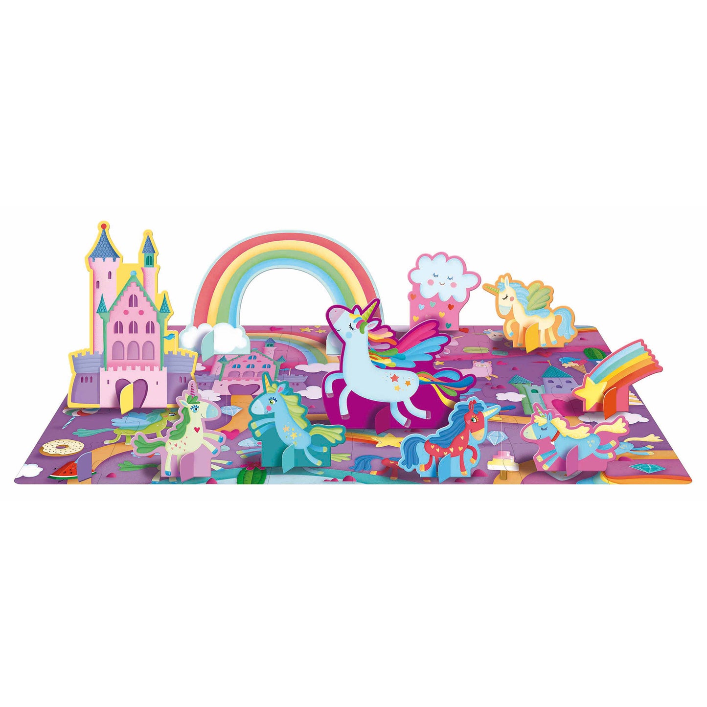 Colorful 3D pop-up puzzle featuring a pink castle, rainbow arch, unicorns, and cloud elements on a purple base