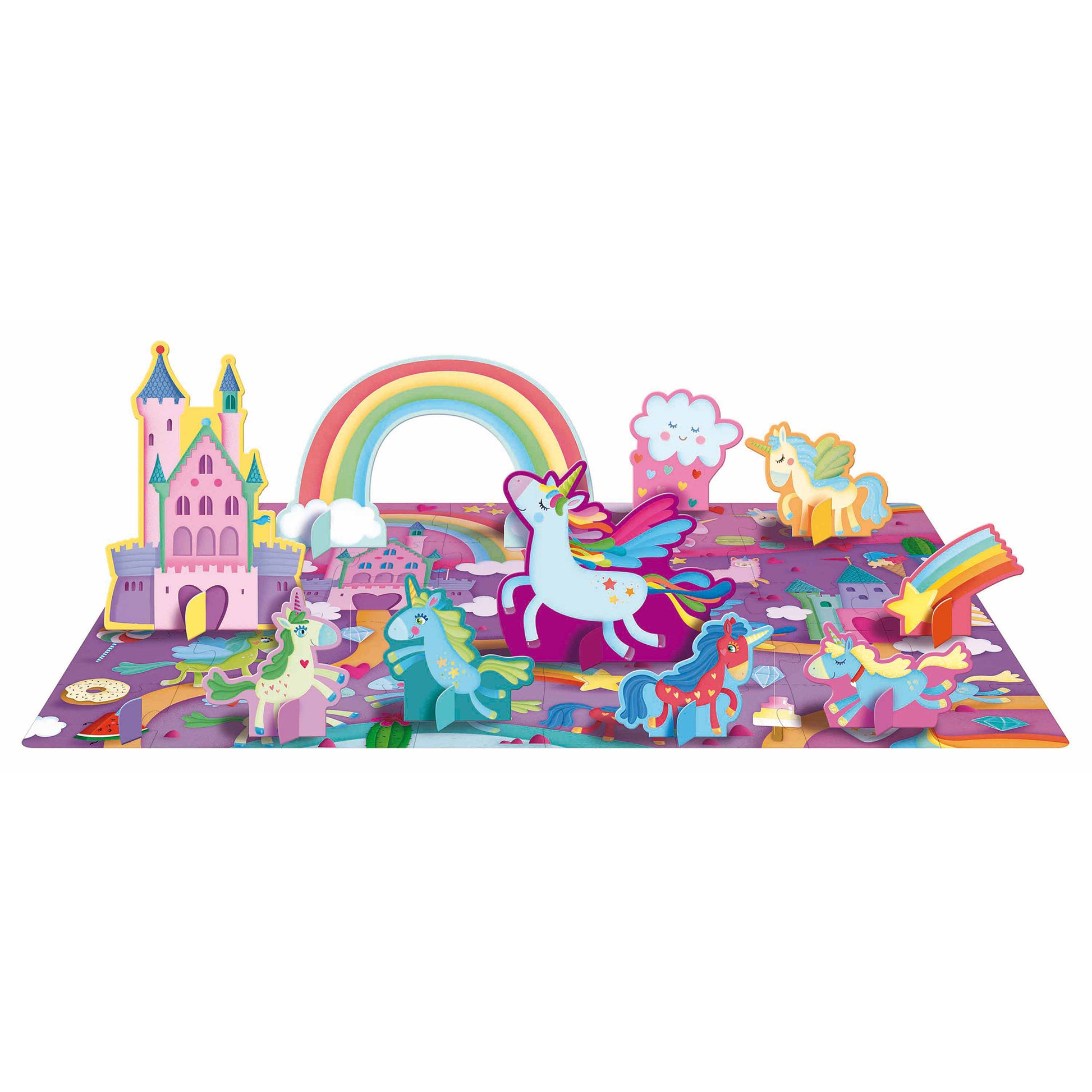 Colorful 3D pop-up puzzle featuring a pink castle, rainbow arch, unicorns, and cloud elements on a purple base