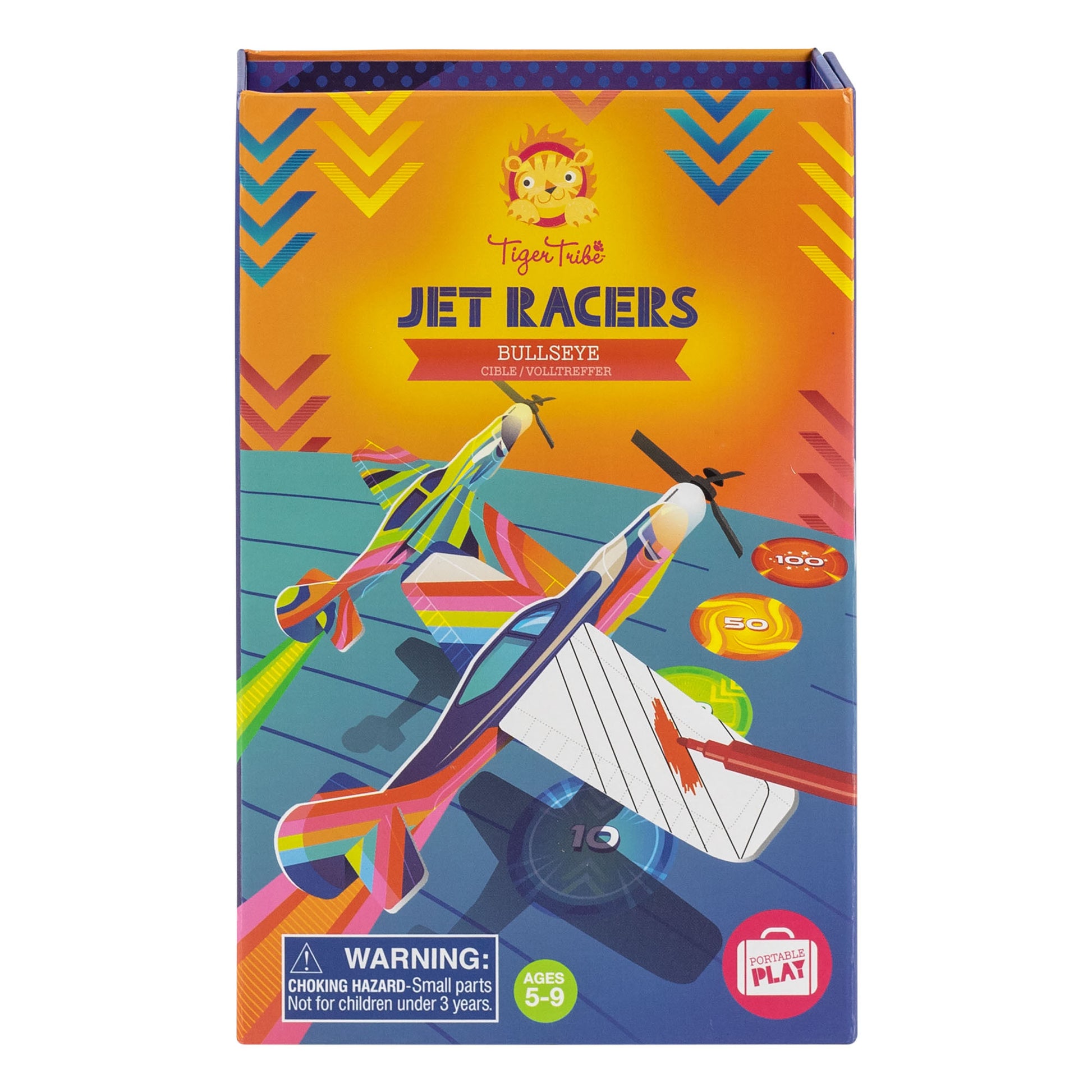Tiger Tribe Jet Racers Bullseye foam plane craft kit box featuring colorful jet planes with rainbow stripes on orange and blue background