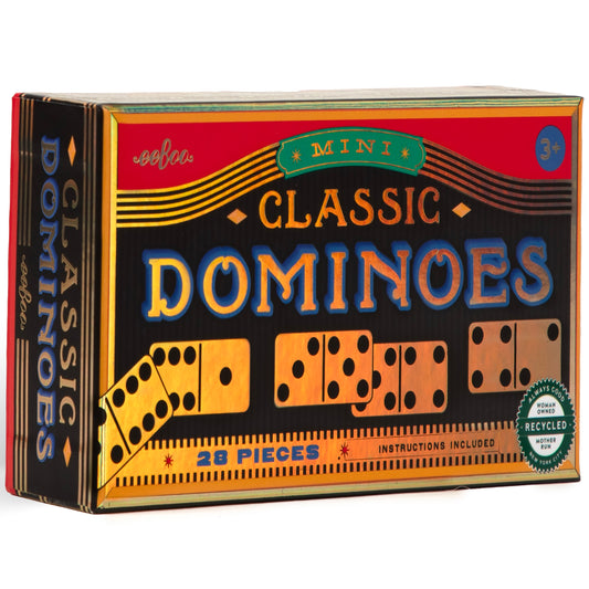 Mini Classic Dominoes 28-piece set with yellow and orange tiles featuring black dots, displayed in colorful vintage-style box packaging