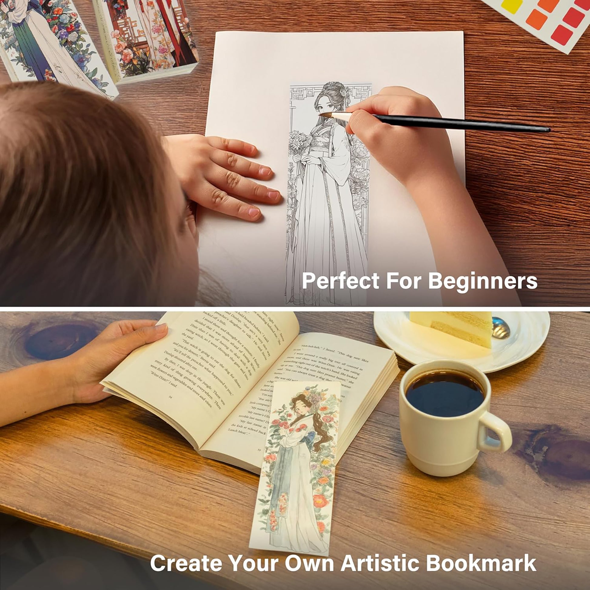 COIPLAY Dynasty Girls Watercolor Art Kit showing beginner-friendly coloring and bookmark creation activities