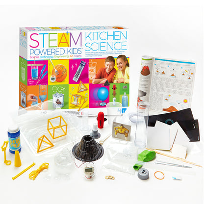 STEAM Powered Kids Kitchen Science kit with colorful box, volcano, geometric shapes, and experiment supplies