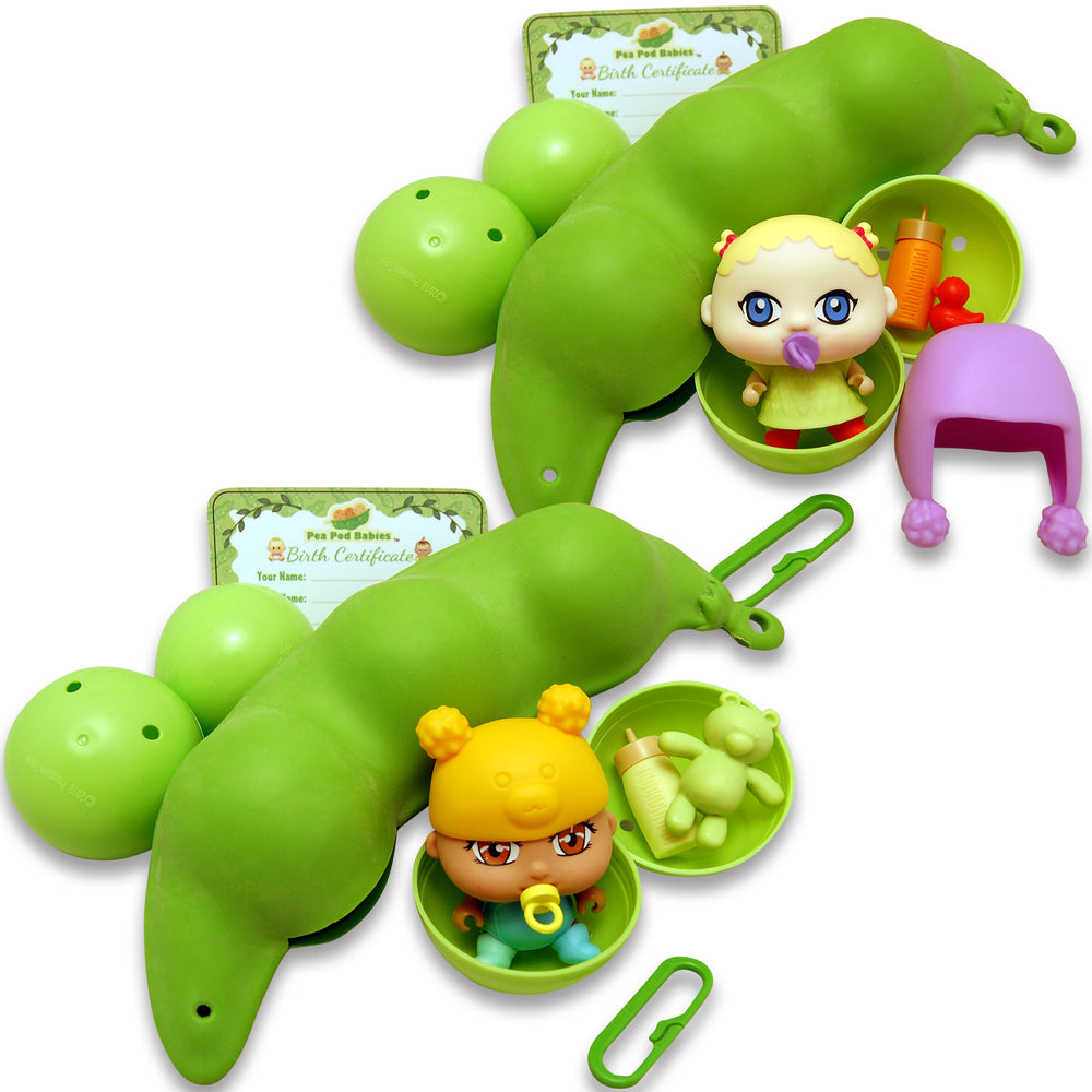 Pea Pod Babies Mystery Surprise 2-pack showing two green pea pod-shaped cases with baby dolls inside, accessories, and birth certificates included