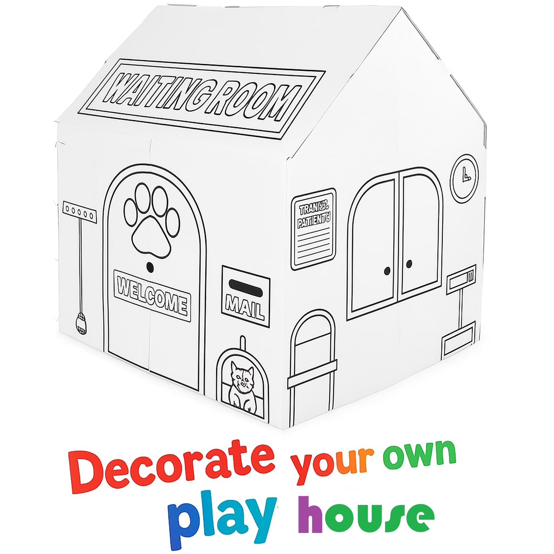 Easy Playhouse Animal Hospital cardboard playhouse with paw print and welcome design to decorate