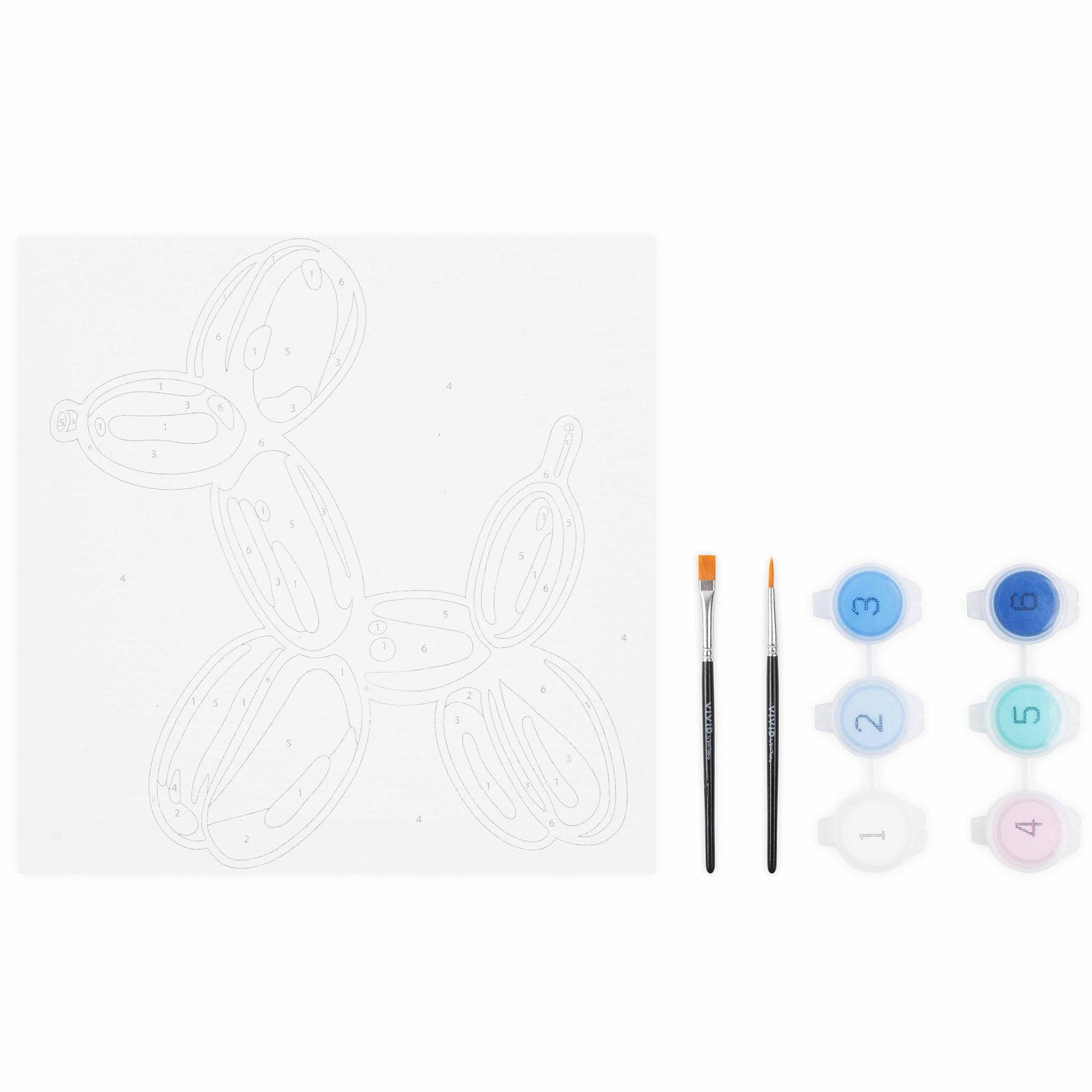 Mini Paint By Number Balloon Dog kit with numbered outline, brushes, and paint colors
