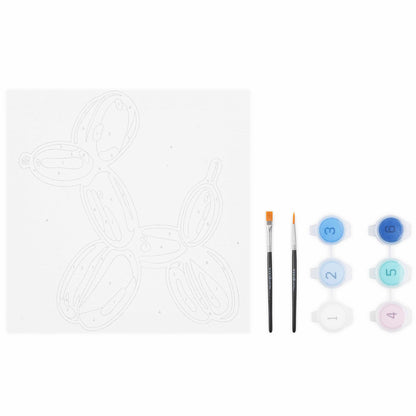 Mini Paint By Number Balloon Dog kit with numbered outline, brushes, and paint colors