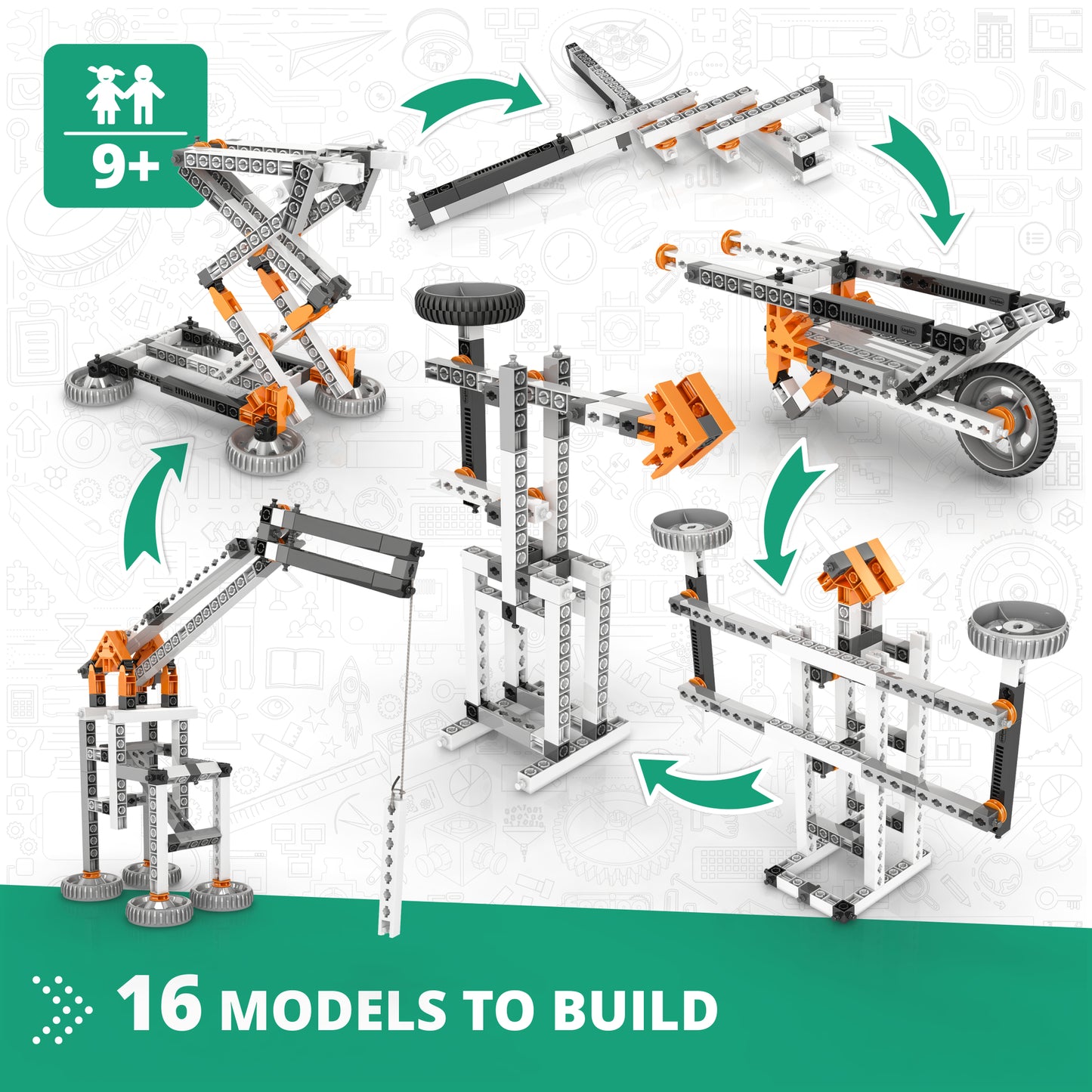 Engino Mechanics 16-Model Building Set with orange and gray snap-fit bricks showing lever and linkage constructions f...