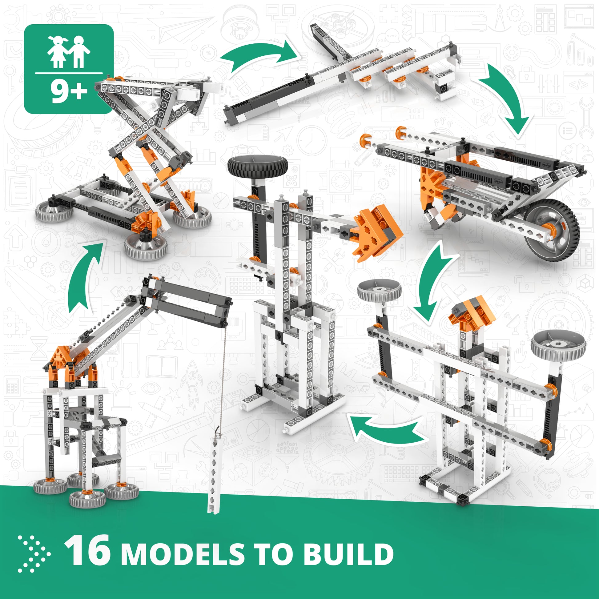 Engino Mechanics 16-Model Building Set with orange and gray snap-fit bricks showing lever and linkage constructions f...