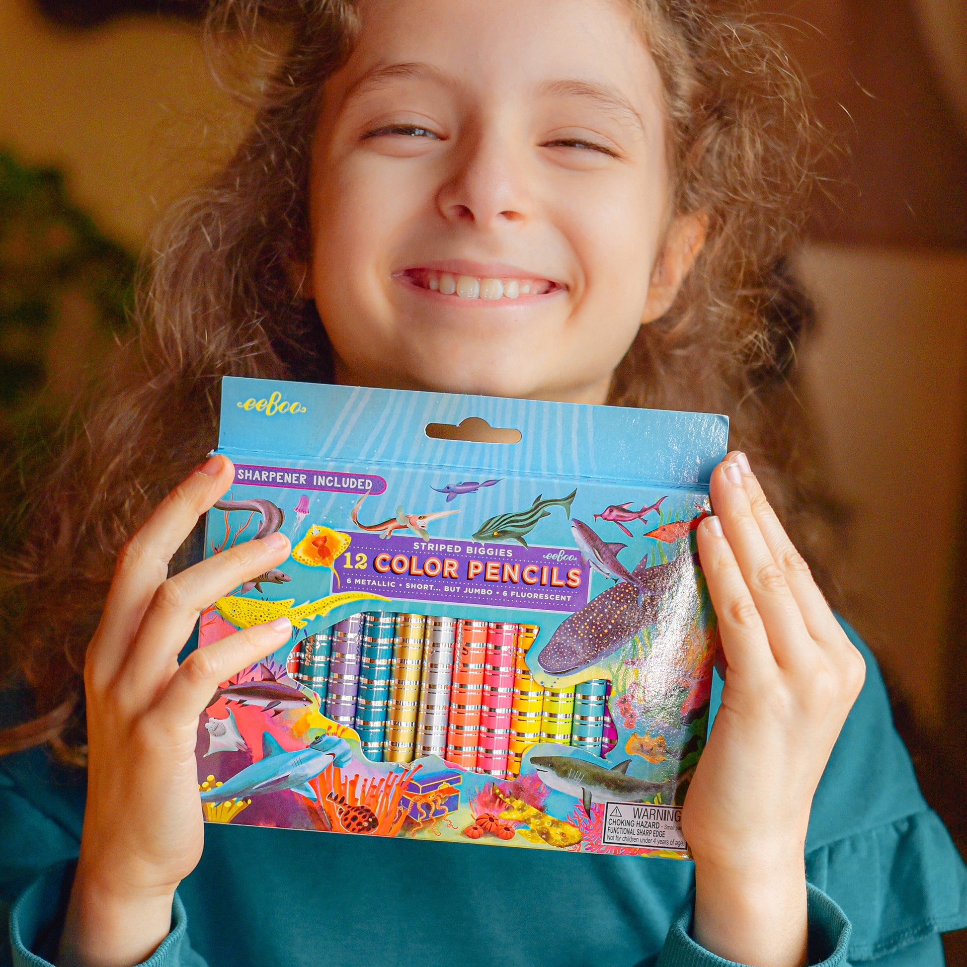 Eeboo Biggies 12 Color Pencils Striped Shark Design with Sharpener Included