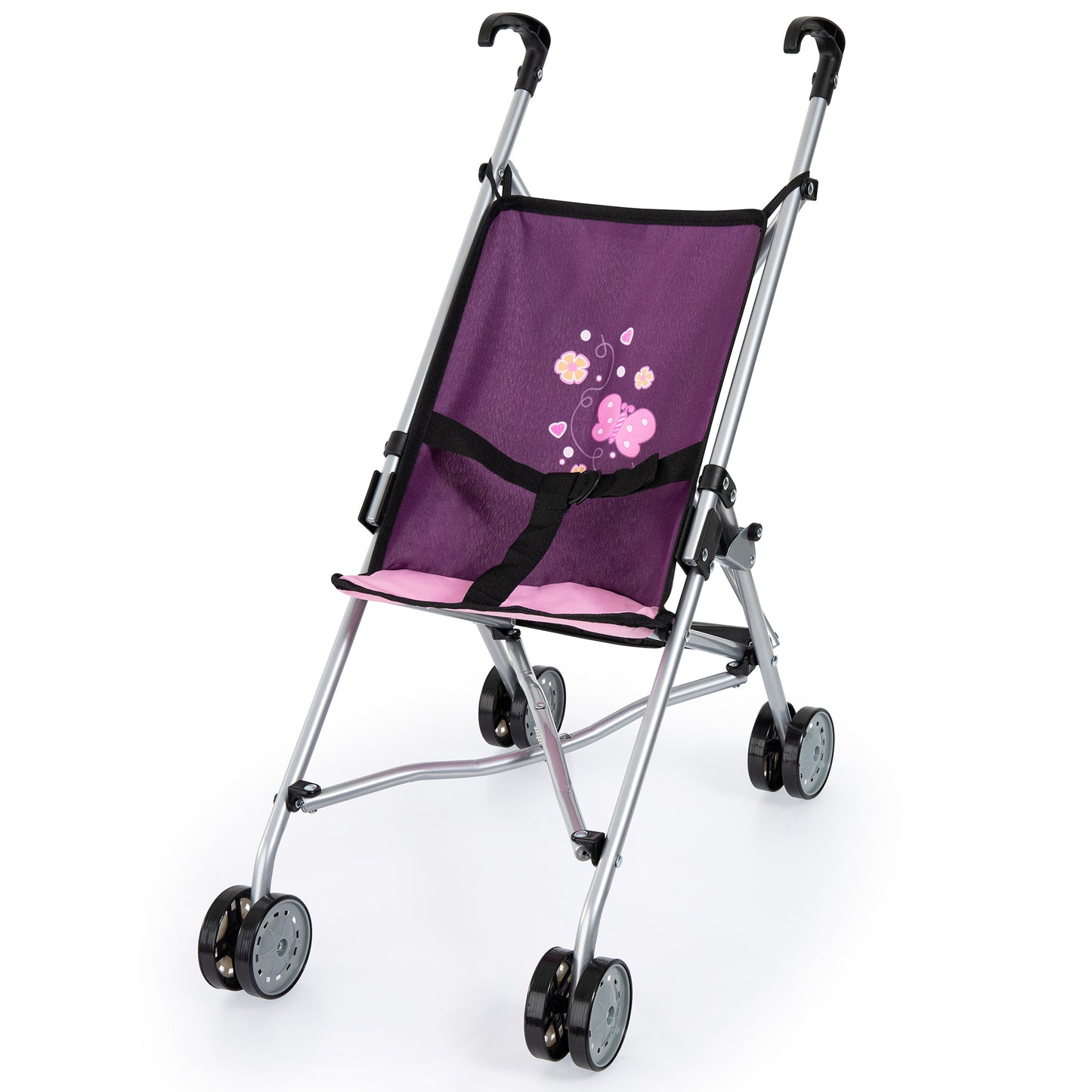 Purple doll stroller with silver frame, black handles, pink seat, and floral design, on plain white background