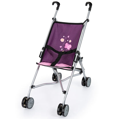 Purple doll stroller with silver frame, black handles, pink seat, and floral design, on plain white background
