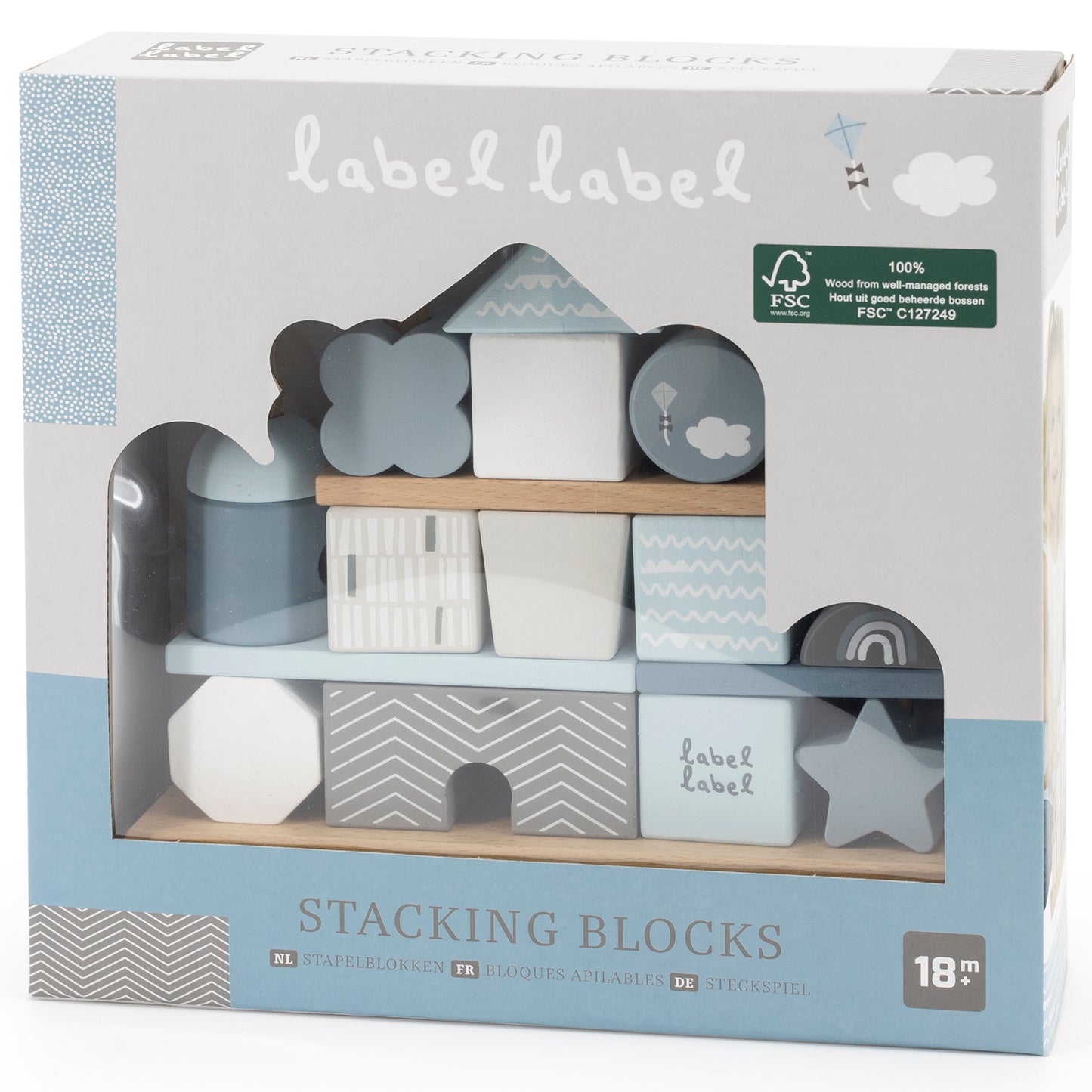 Label Label stacking blocks set with cloud, mountain, star, and geometric patterned wooden blocks in blue, gray, and white on display shelf