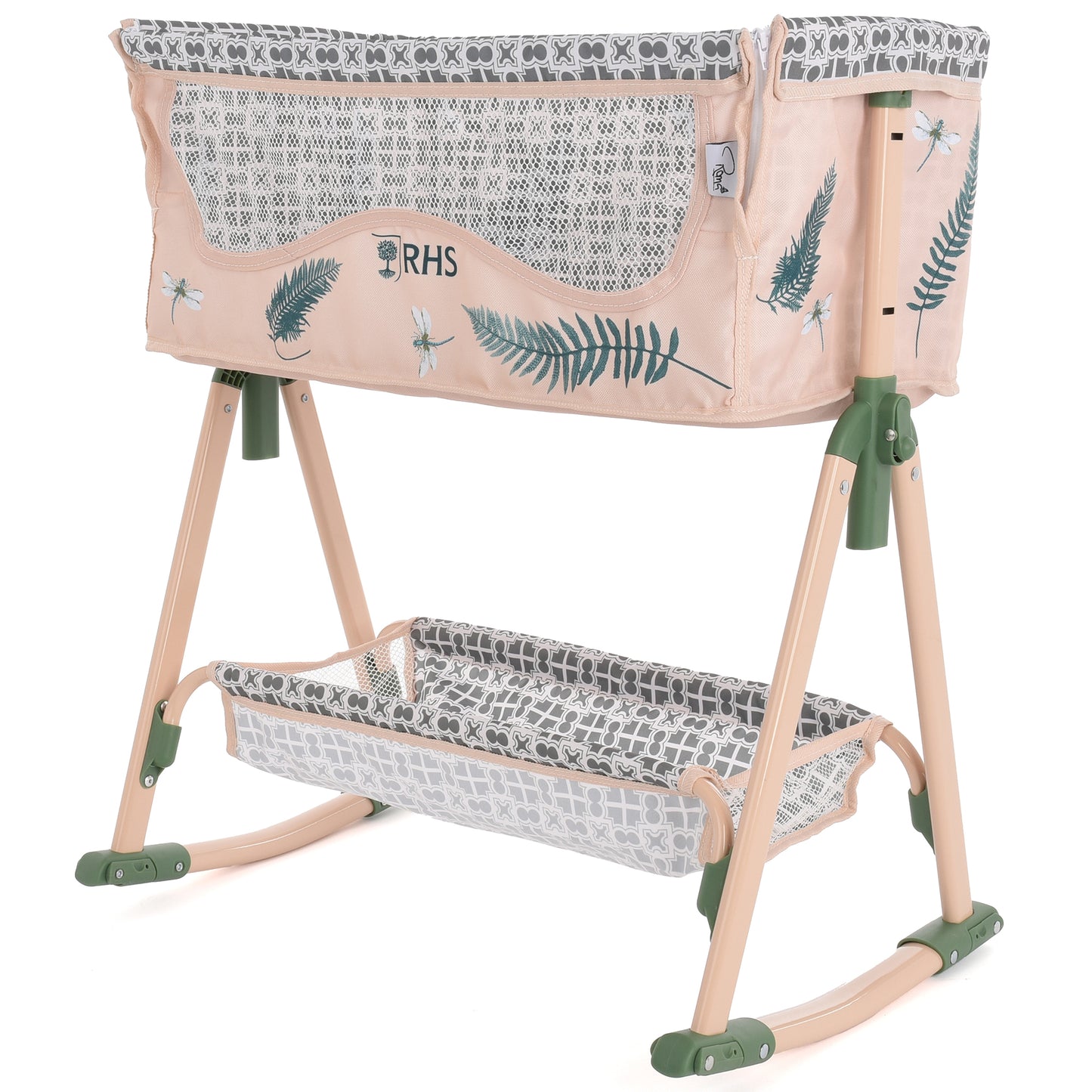 Roma RHS Bedside Crib in Fern with pink fabric, fern leaf design, and mesh ventilation panels
