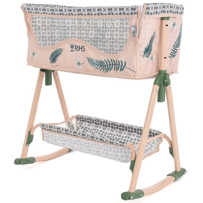 Roma RHS Bedside Crib in Fern with pink fabric, fern leaf design, and mesh ventilation panels