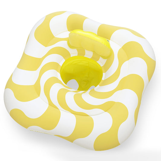 Yellow and white inflatable baby float with wavy pattern and central seat opening, viewed from above