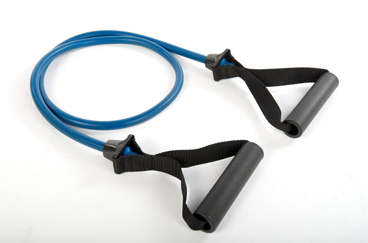 Blue resistance tubing with black foam handles and adjustment clips on plain white background