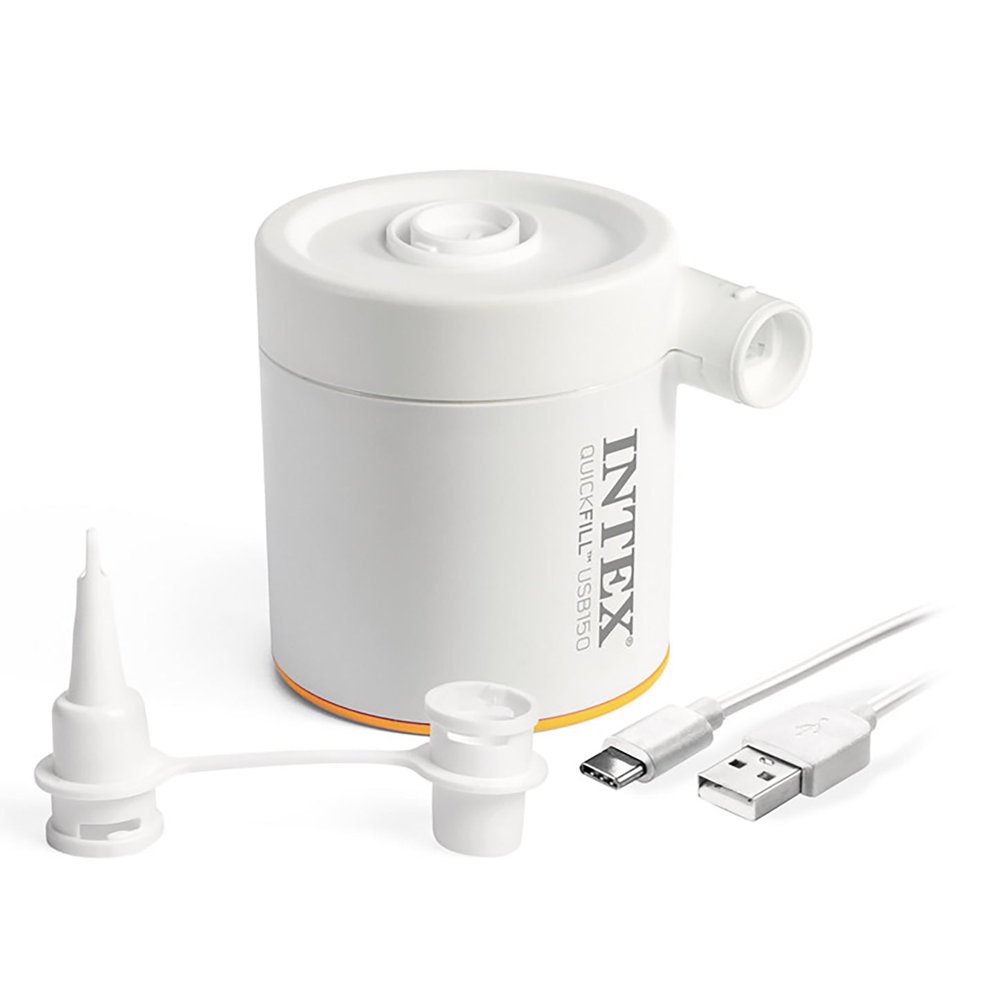 Intex Quick-Fill USB150 Electric Air Pump in white with orange accents, includes USB cable and attachments