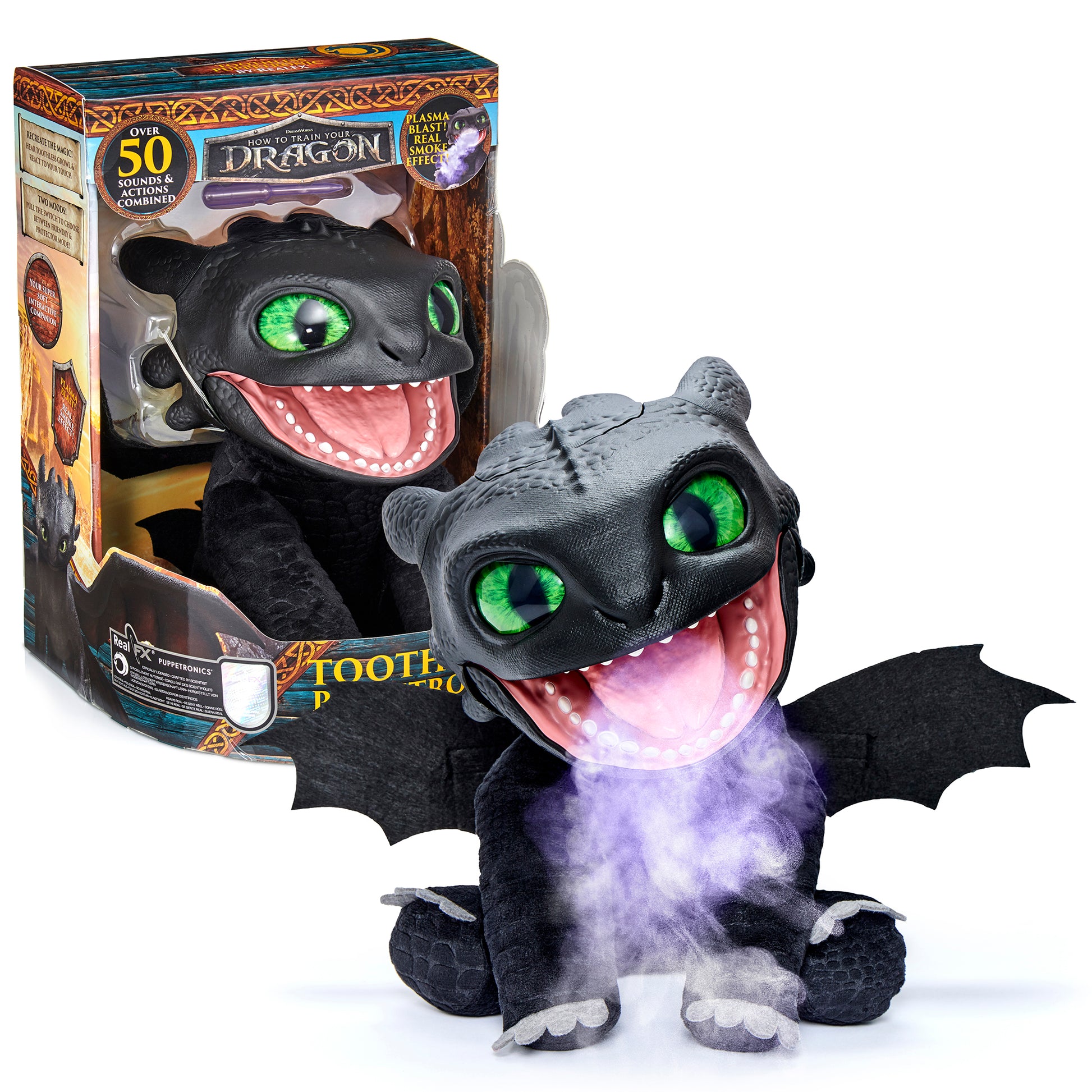 Black dragon plush with green glowing eyes, open pink mouth, and purple smoke effect, shown with product packaging behind it