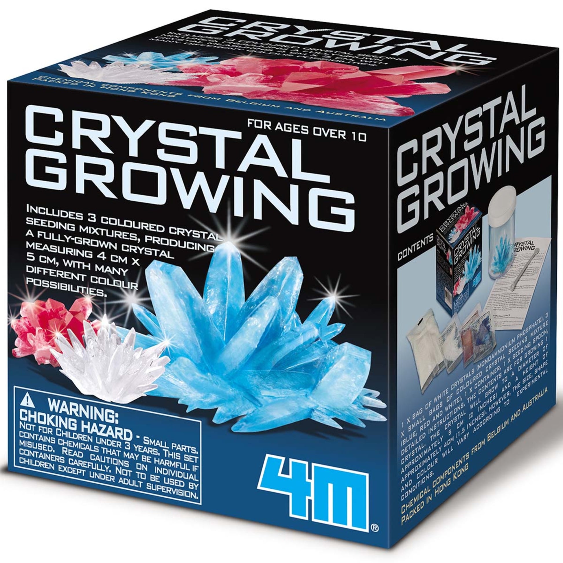 4M Crystal Growing Kit with blue, pink and white crystals displayed on black packaging