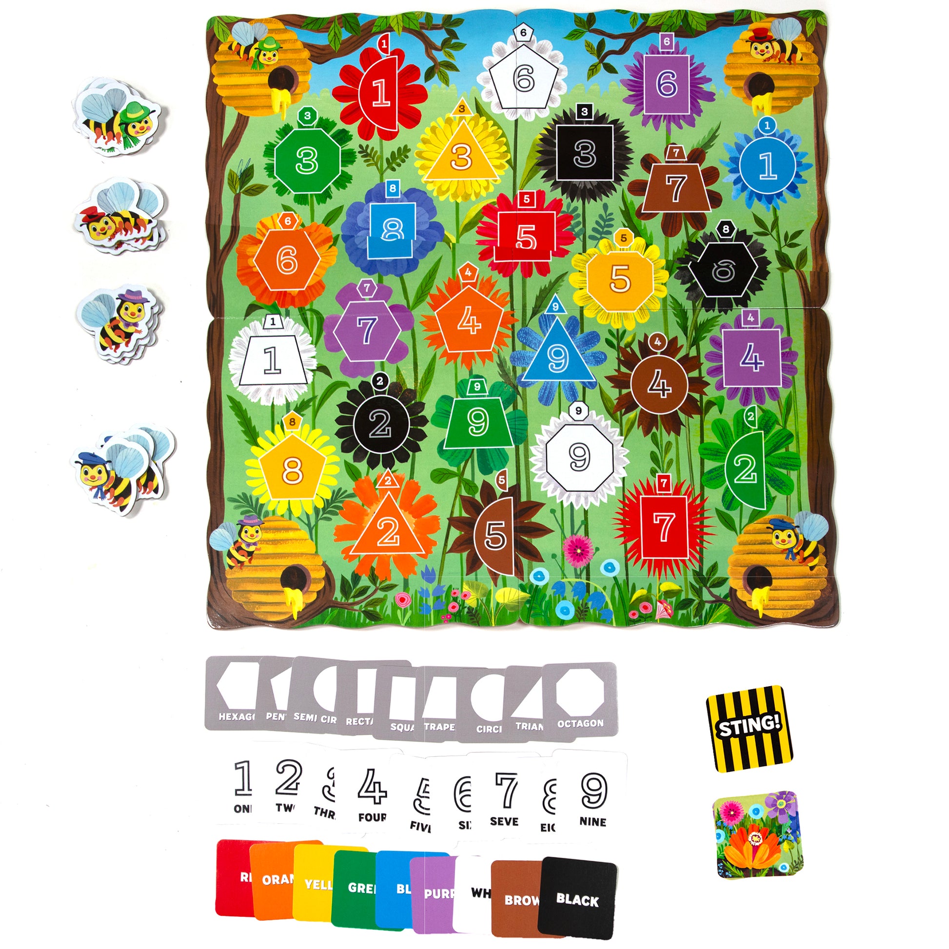 Bouncy Bees educational board game with colorful flower shapes, numbered tiles, and bee playing pieces