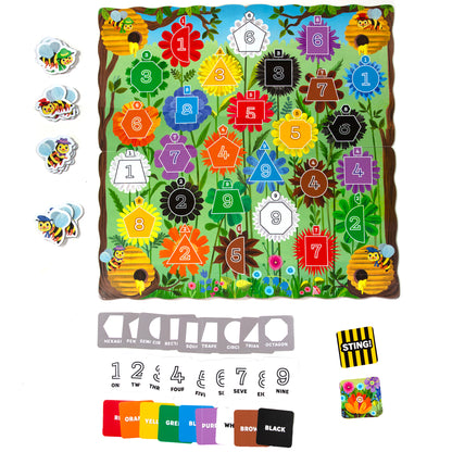 Bouncy Bees educational board game with colorful flower shapes, numbered tiles, and bee playing pieces