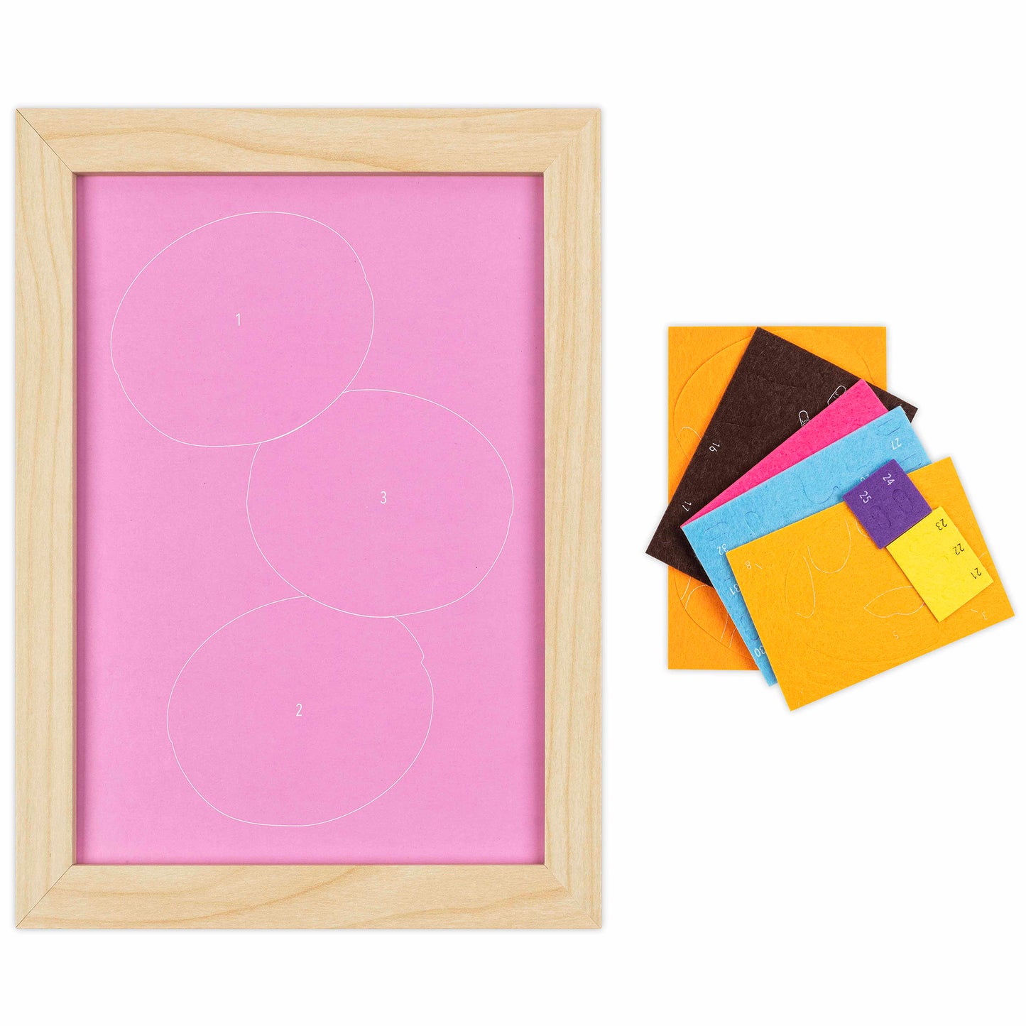 Felt Art Sweet Donuts craft kit with wooden frame, pink board, and colorful felt pieces
