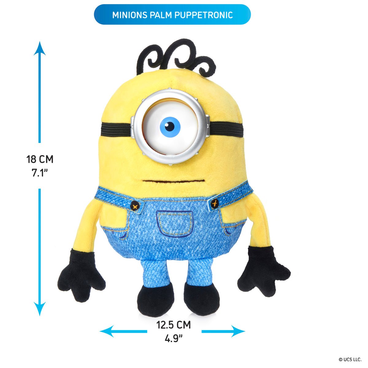 Minions Palm Puppetronic James toy, yellow with blue overalls and black accents