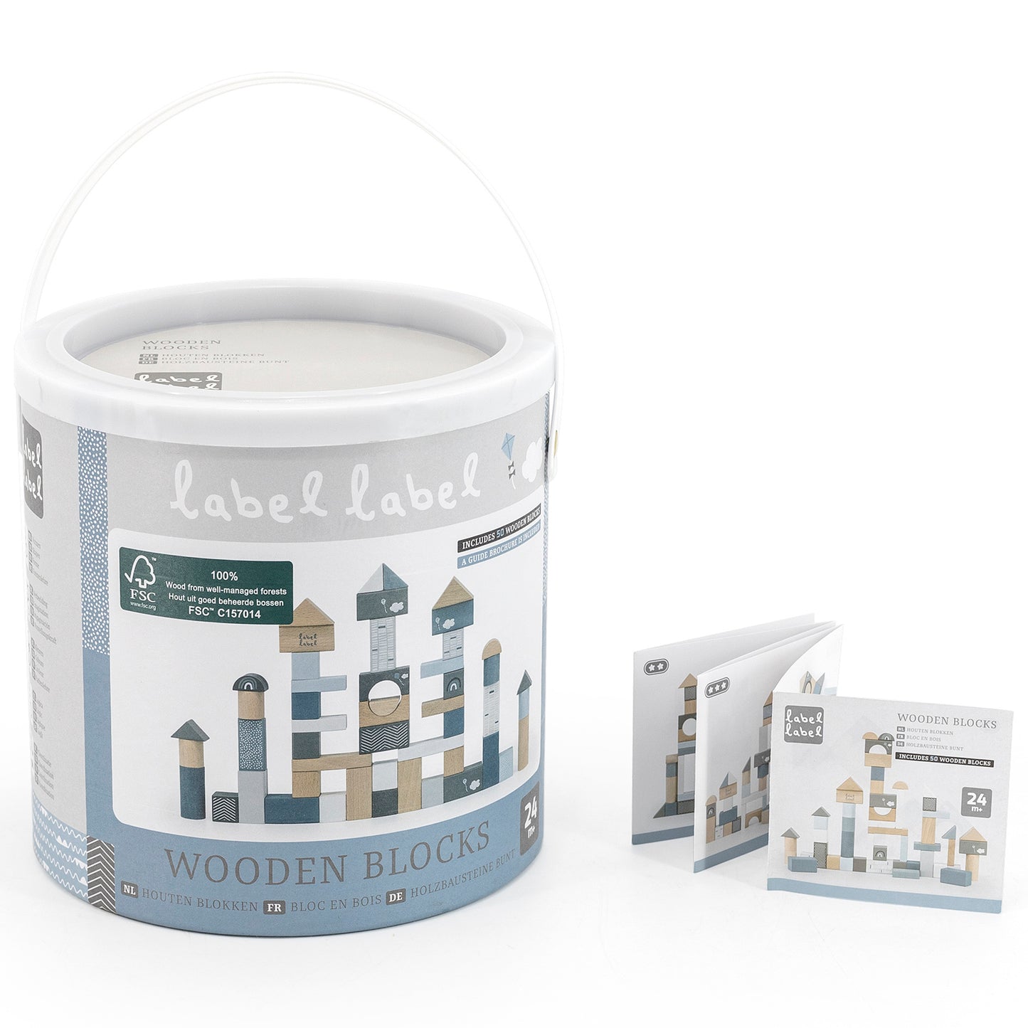 Label Label wooden blocks set with white bucket and handle, showing natural wood and blue-painted blocks, includes 50 pieces with instruction card