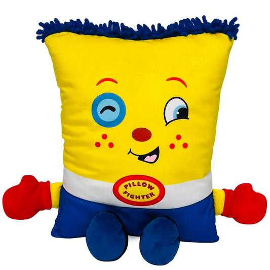 Yellow plush pillow fighter character with blue hair, red eyes and nose, smiling face, white belt with logo, red boxing gloves, and blue shorts and feet