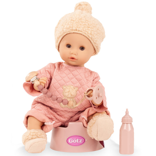 Gotz Sleepy Aquini 13" baby doll in pink outfit with bottle and potty set