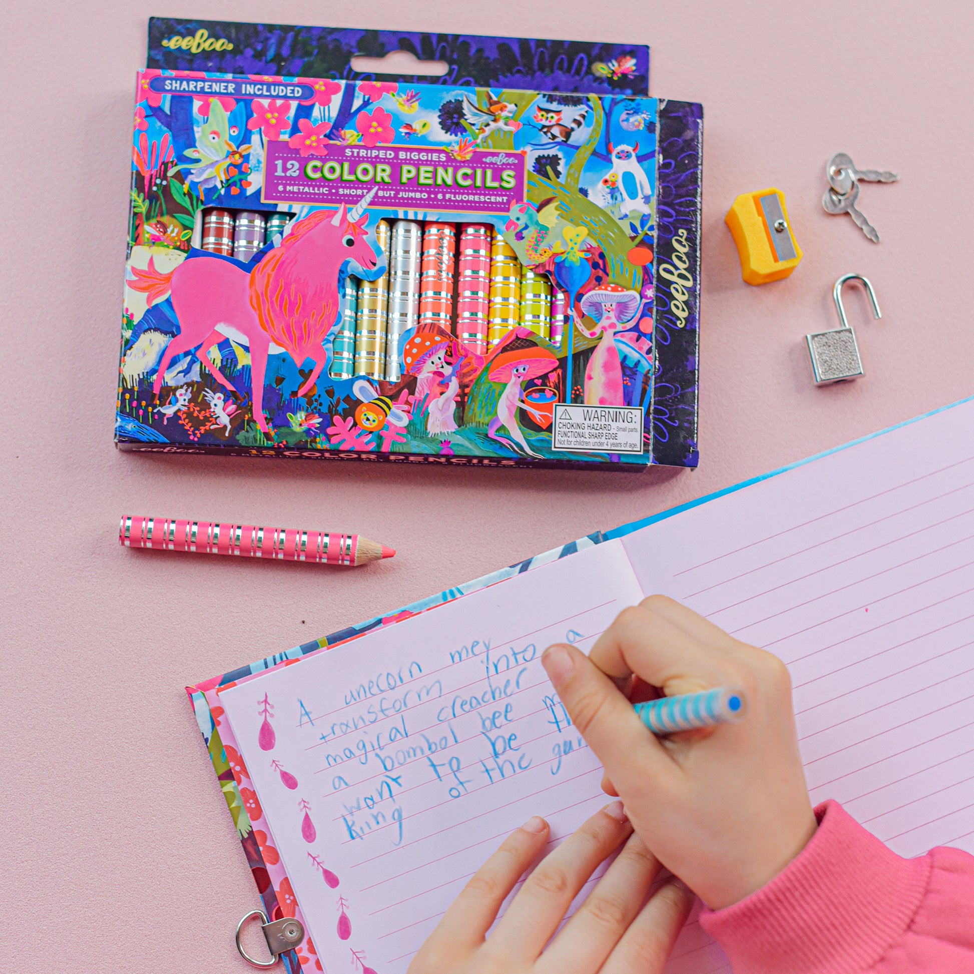 Biggies Color Pencils Magical Creatures 12pc set with striped design and sharpener included